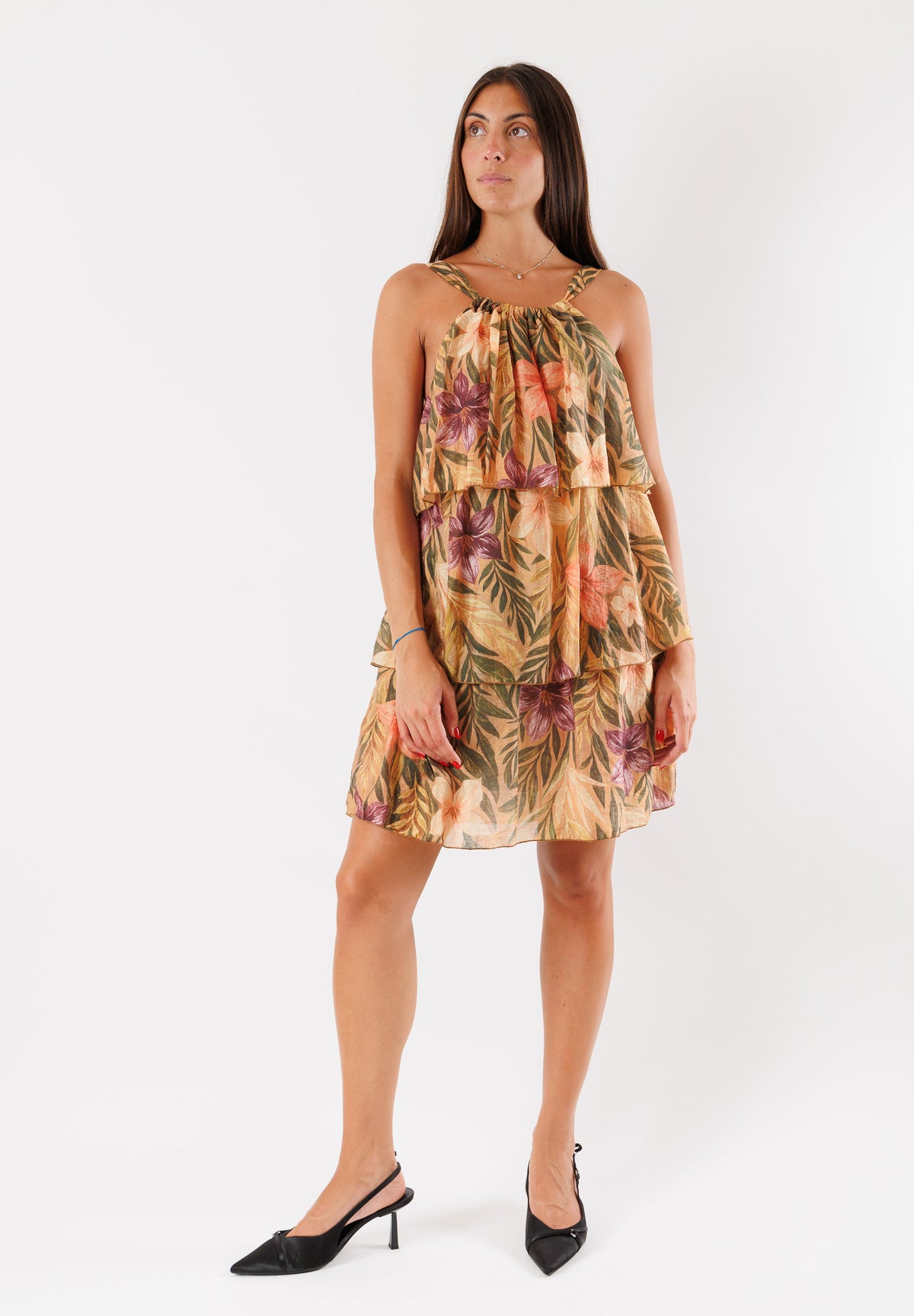 Abito a balze in Tencel con stampa tropicale B3073