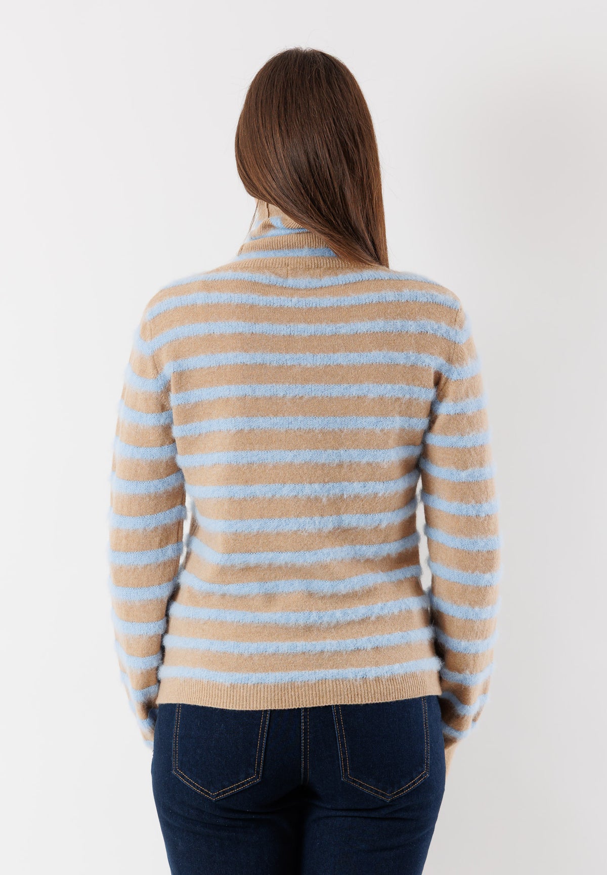 Pullover a righe beige e celeste in alpaca e cashmere BY09049