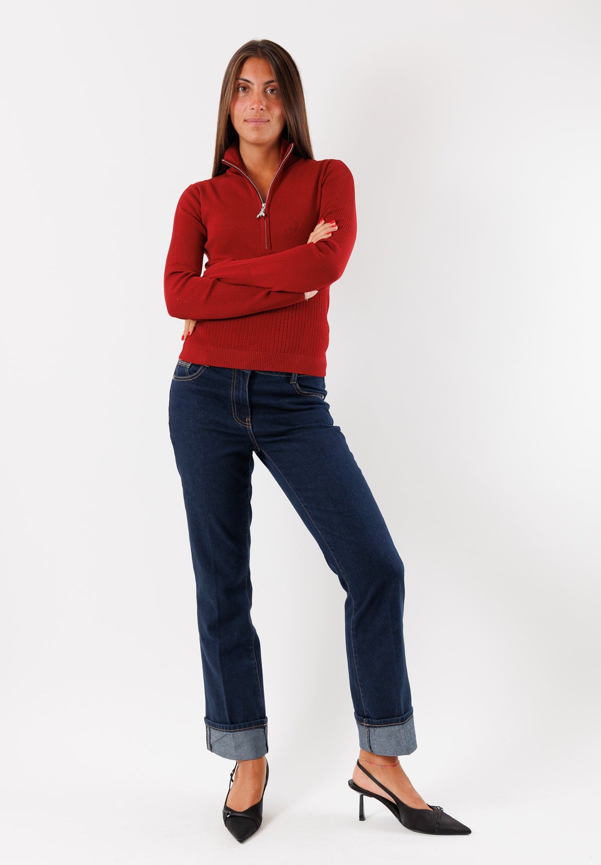Pullover in maglia leggera con collo alto e zip frontale 8K0323
