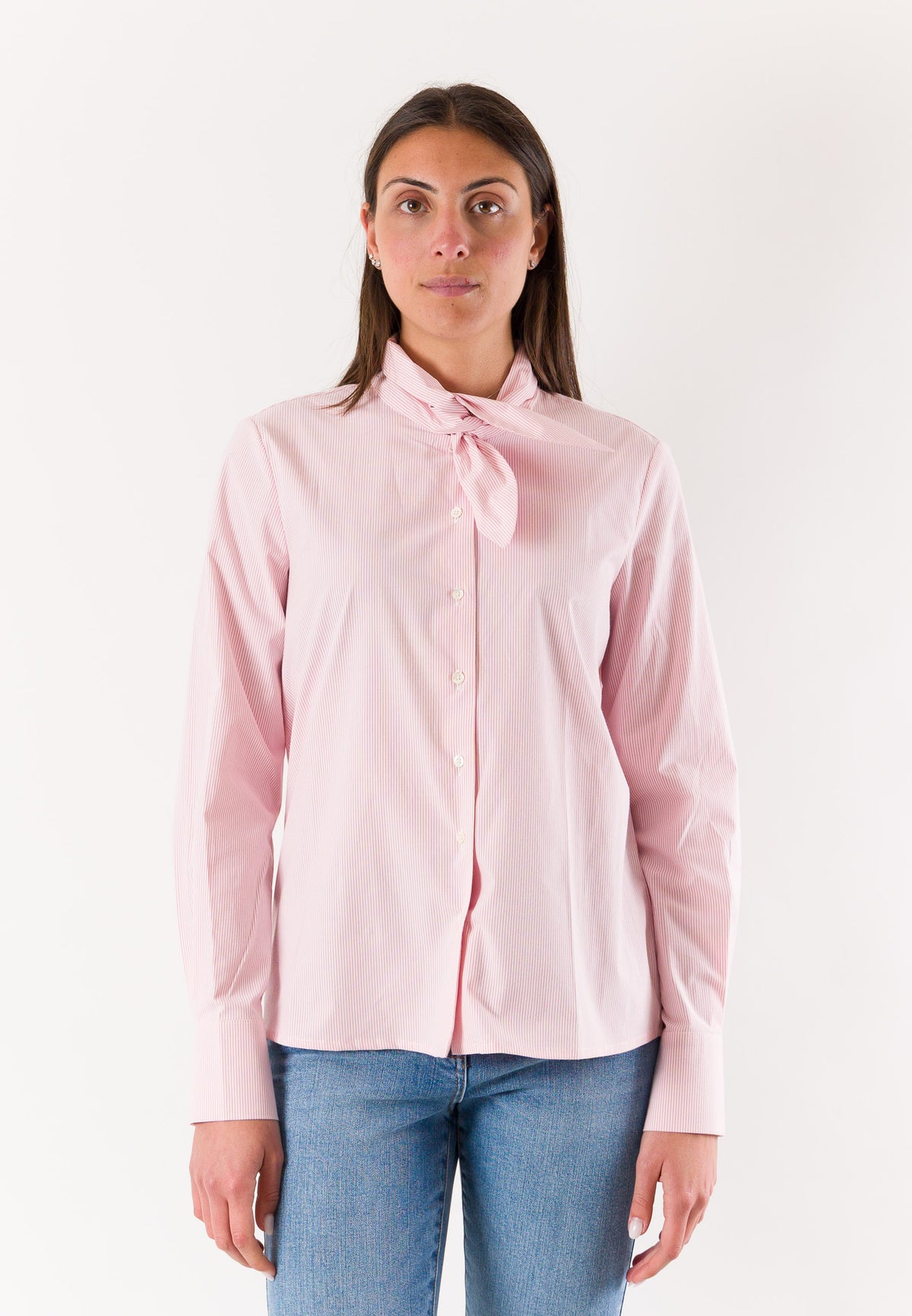camicia a righe con fiocco sul collo RN3002