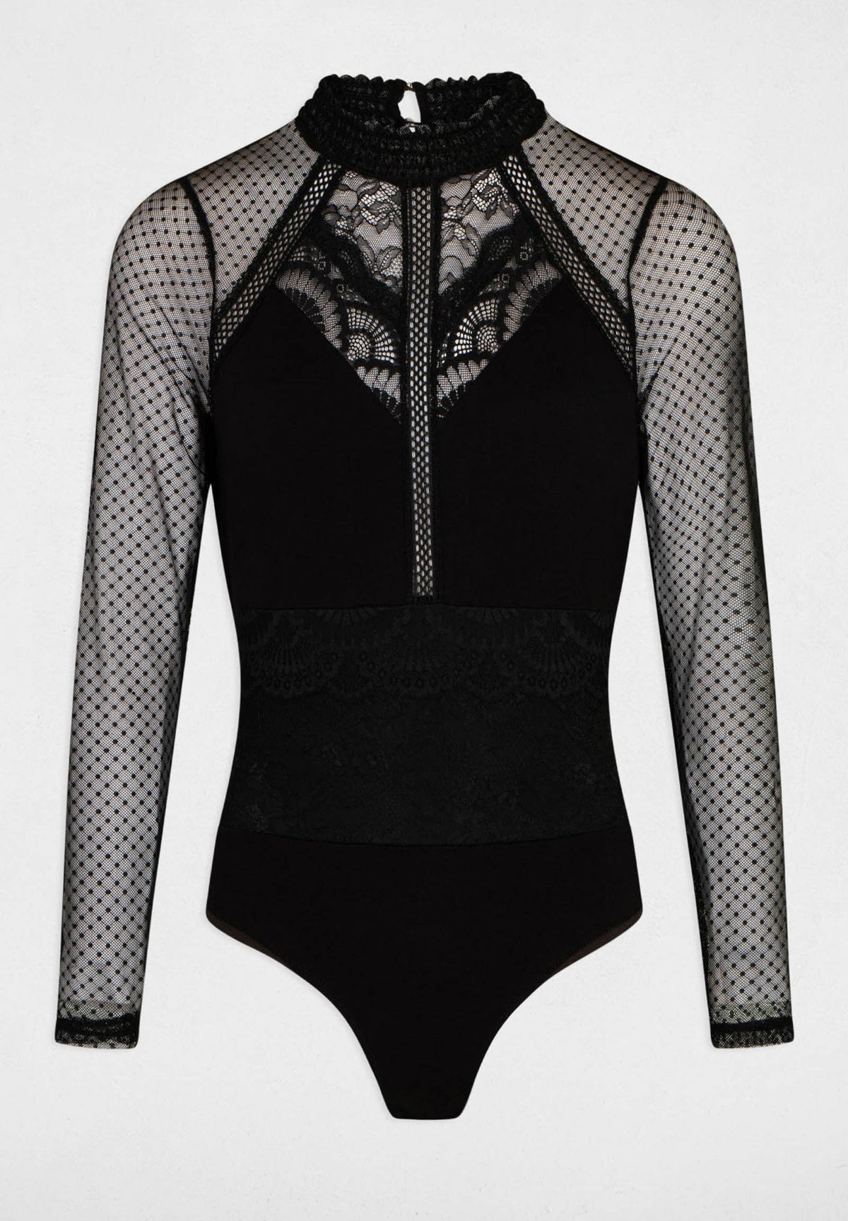 Body nero in pizzo e tulle a maniche lunghe TJULIE